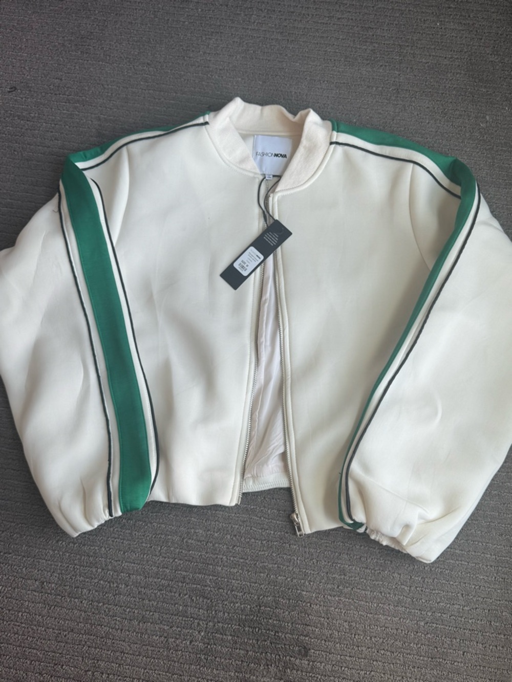 Fashion Nova Women's Cream Bomber Jacket with Green Stripe